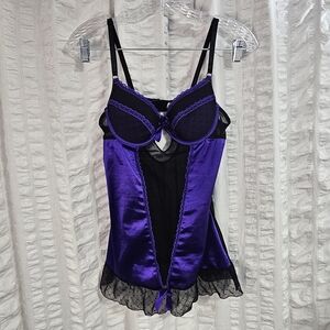 Never Naked Purple Satin and Black Mesh Lace Chemise Adjustable Straps
